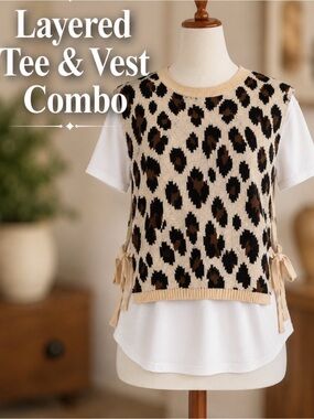 Zara Leopard Print Sweater Vest Layered Tee | Animal Print Side Tie Knit Top |